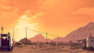 Grand Theft Auto 5 Desert Sunset Scene With Van And Trailer HD wallpaper