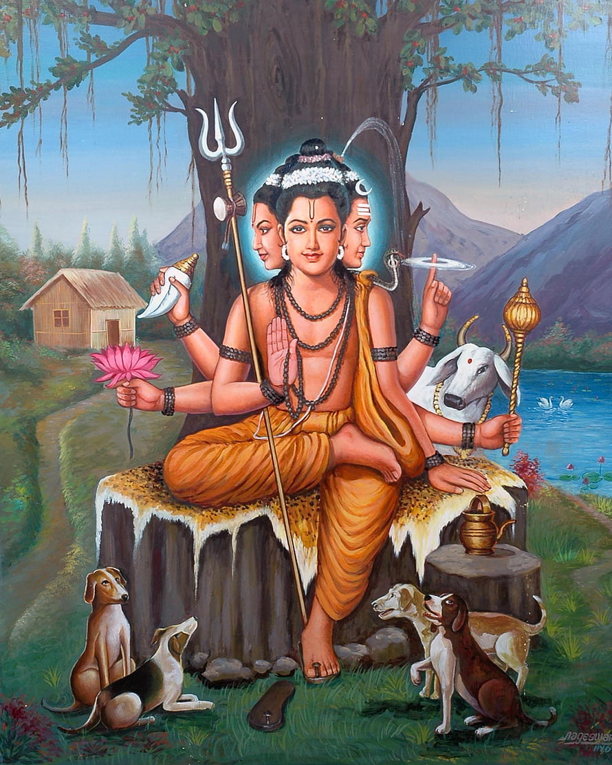 Dattatreya Swamy Tri-Mukhi Deity Painting with Dogs and Sacred Symbols HD phone wallpaper