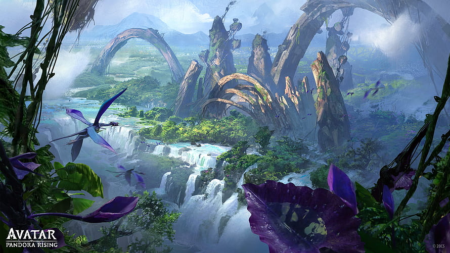 Avatar Pandora Rising Concept Art Featuring Waterfalls and Bioluminescent Flora HD wallpaper