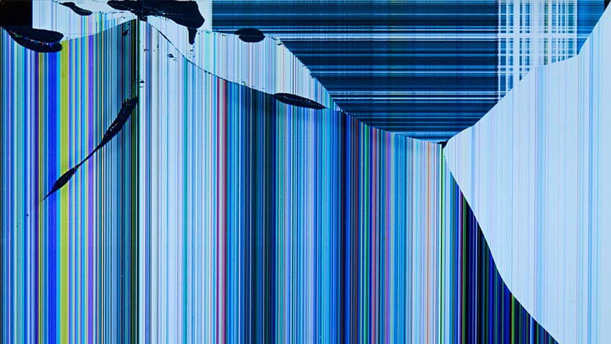 Abstract Glitch Art with Vertical Blue Stripes and Digital Distortion HD wallpaper