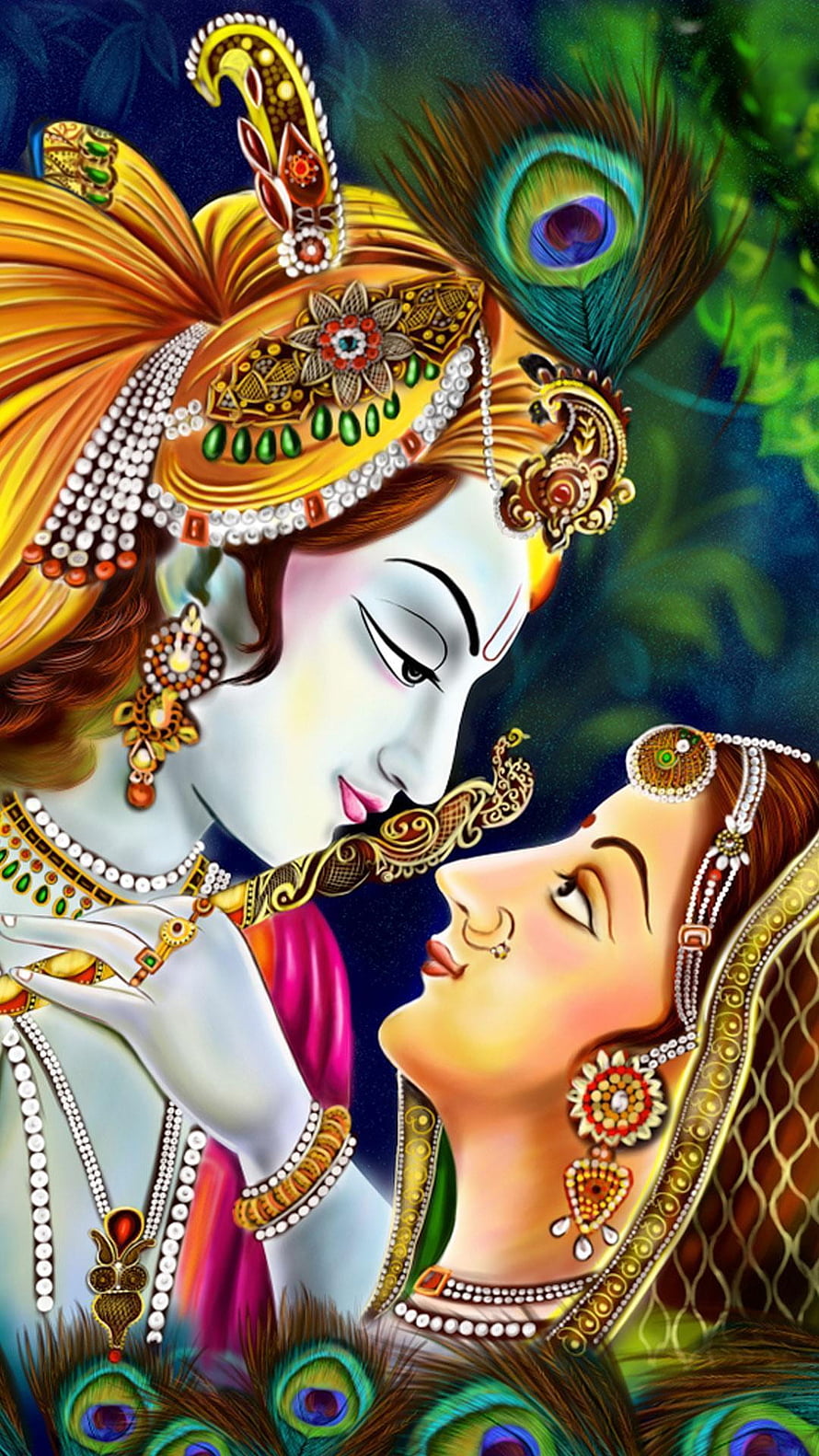 Radha Krishna Devotional Artwork with Peacock Feathers and Ornate Jewelry HD phone wallpaper