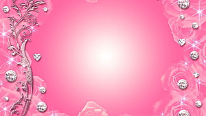 Elegant Pink Floral Background With Sparkling Diamonds And Ornate Silver Vines HD wallpaper