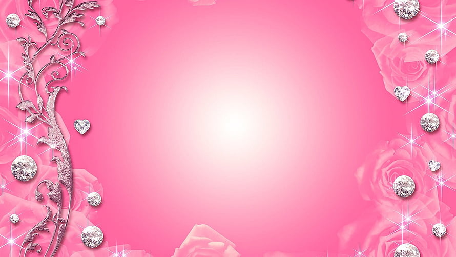 Elegant Pink Floral Background With Sparkling Diamonds And Ornate Silver Vines HD wallpaper