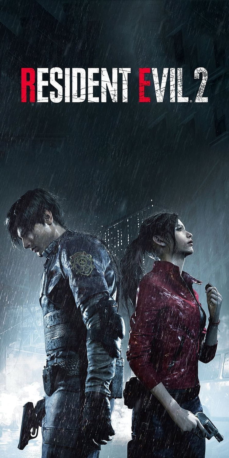 Resident Evil 2 Key Art Featuring Leon and Claire in Rainy Raccoon City HD phone wallpaper