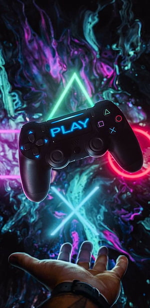 Neon PlayStation Controller Floating Above Open Hand Against Cosmic Background HD phone wallpaper