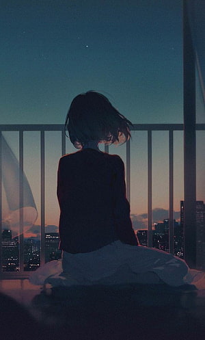 Anime Girl Sitting on Balcony at Dusk with City Skyline View HD phone wallpaper