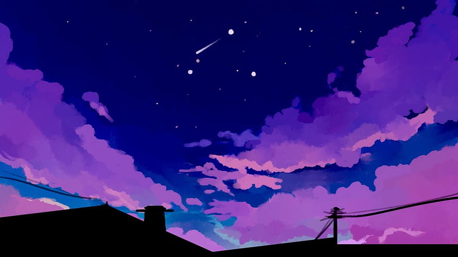 Purple Night Sky with Stars and Clouds Above Silhouetted Rooftops HD wallpaper