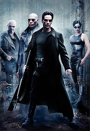 The Matrix Movie Poster Featuring Neo, Trinity, and Morpheus in Dark Cyberpunk Style HD phone wallpaper