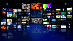 Digital News Studio Background with Multiple Video Screens and Color Bars HD wallpaper