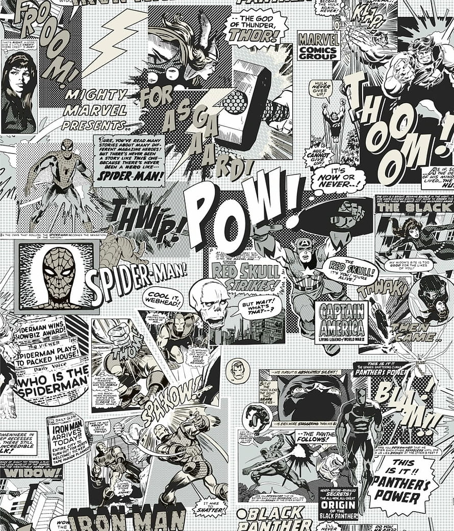 Black and White Marvel Comics Collage Featuring Spider-Man, Thor, Captain America, Iron Man, and Black Panther HD phone wallpaper