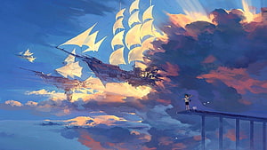 Fantasy Airship Sailing Through Sunset Clouds with Small Figure on Bridge HD wallpaper