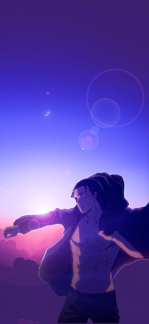 Eren Yeager from Attack on Titan in a dramatic sunset silhouette with lens flare HD phone wallpaper
