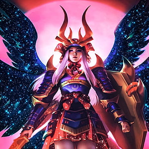 Freya from Mobile Legends in ornate samurai armor with cosmic wings and a glowing pink moon backdrop HD phone wallpaper