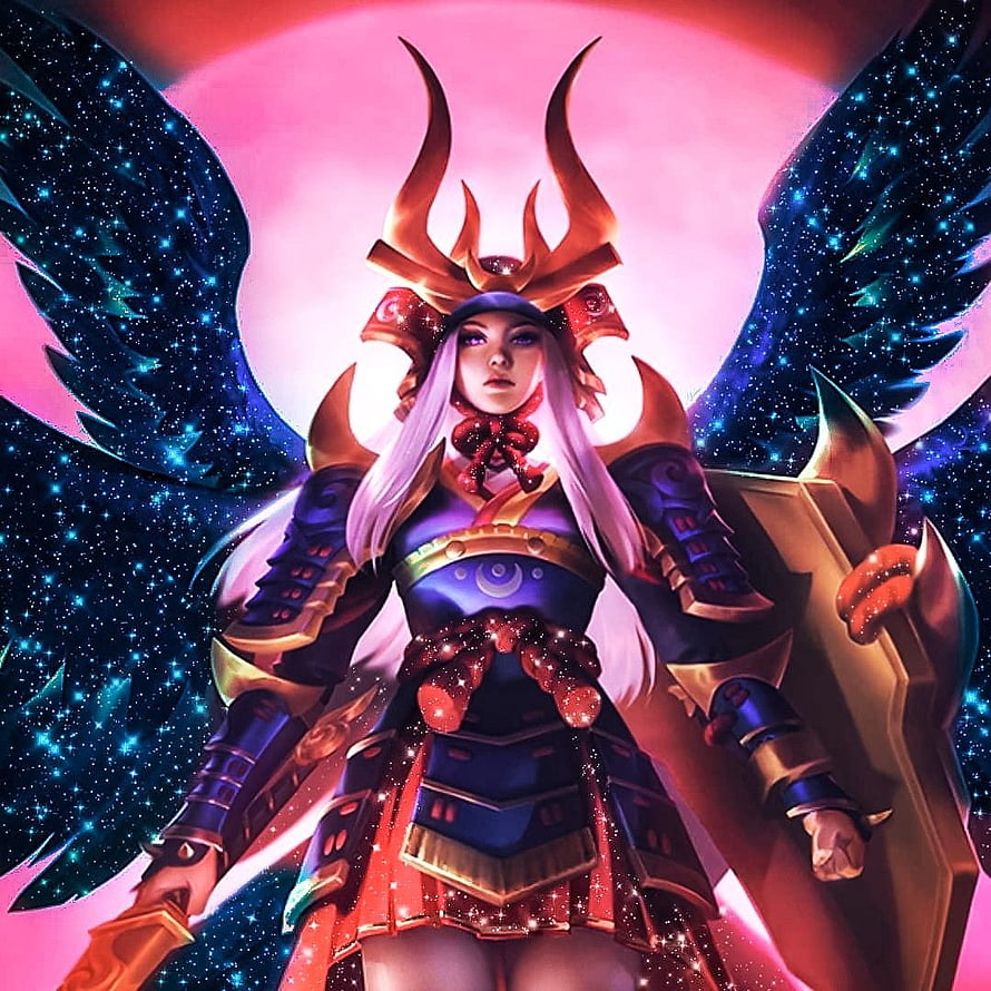 Freya from Mobile Legends in ornate samurai armor with cosmic wings and a glowing pink moon backdrop HD phone wallpaper