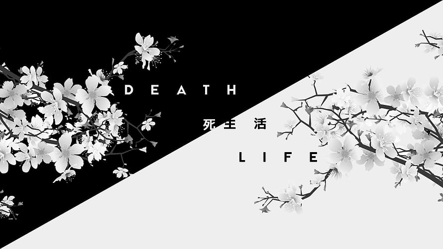 Monochrome Cherry Blossom Branches with Death and Life Typography on Diagonal Split Background HD wallpaper