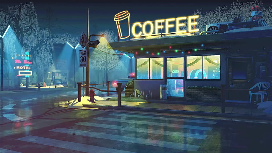 Retro Lofi Coffee Shop at Night with Neon Sign and Rainy Street HD wallpaper