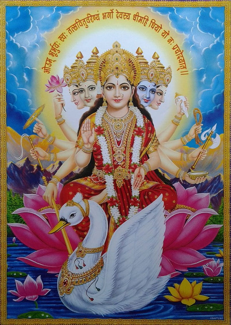 Gayatri Maa Hindu Goddess Artwork Seated on White Swan with Lotus Flowers HD phone wallpaper
