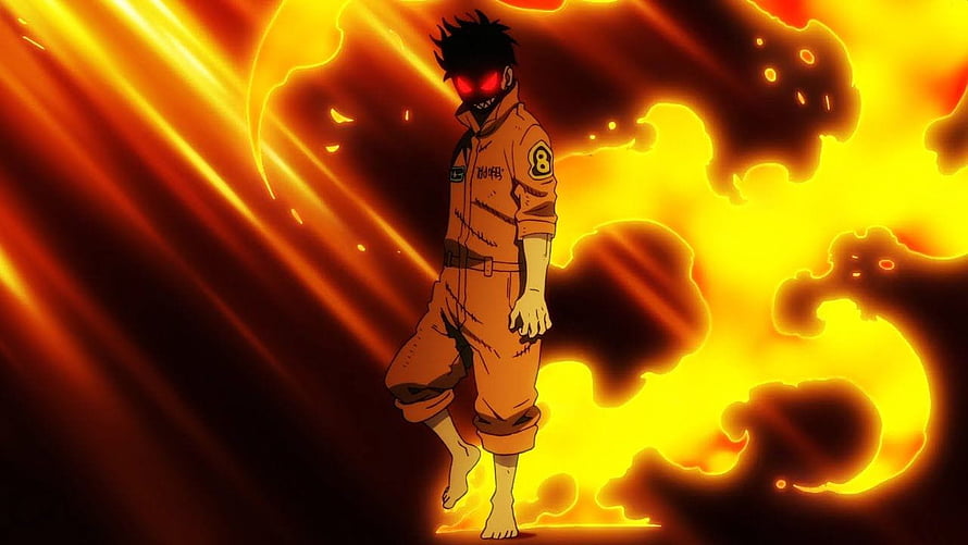 Fire Force Shinra Kusakabe Anime Character in Orange Prison Uniform with Glowing Red Eyes and Flames HD wallpaper