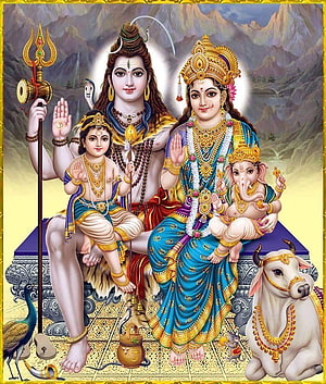 Lord Shiva and Goddess Parvati with Ganesha and Kartikeya in a Divine Family Portrait HD phone wallpaper