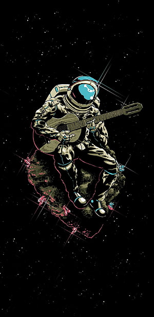 Astronaut Playing Acoustic Guitar on a Floating Asteroid in Deep Space HD phone wallpaper