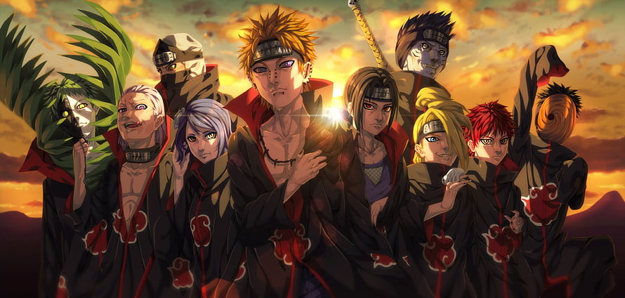 Naruto Akatsuki Members Group Portrait Against Dramatic Sunset Sky HD wallpaper