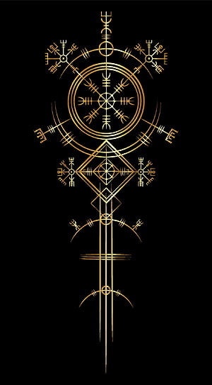Gold Vegvisir Norse Rune Compass Symbol on Black Background HD phone wallpaper