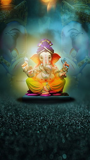 Ganesha deity statue with glowing aura and ornate jewelry on a dark textured surface HD phone wallpaper