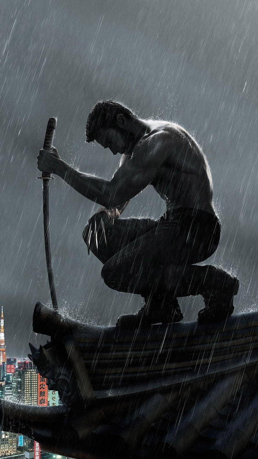The Wolverine Movie Poster: Shirtless Hero Crouching with Katana in Heavy Rain HD phone wallpaper