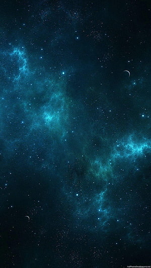 Deep Space Nebula with Teal Gas Clouds, Distant Stars, and Crescent Planets HD phone wallpaper