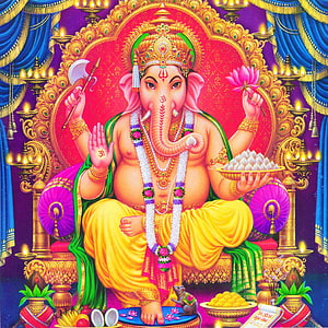 Lord Ganesha Seated on Ornate Throne Holding Lotus and Axe with Mouse Companion HD phone wallpaper