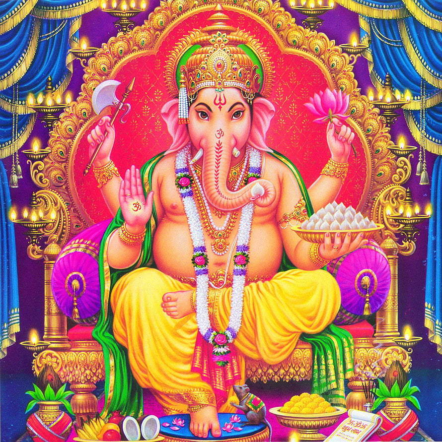 Lord Ganesha Seated on Ornate Throne Holding Lotus and Axe with Mouse Companion HD phone wallpaper
