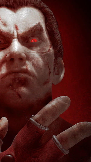 Kazuya Mishima Portrait from Tekken 7 with Glowing Red Eye and Bloodied Face HD phone wallpaper