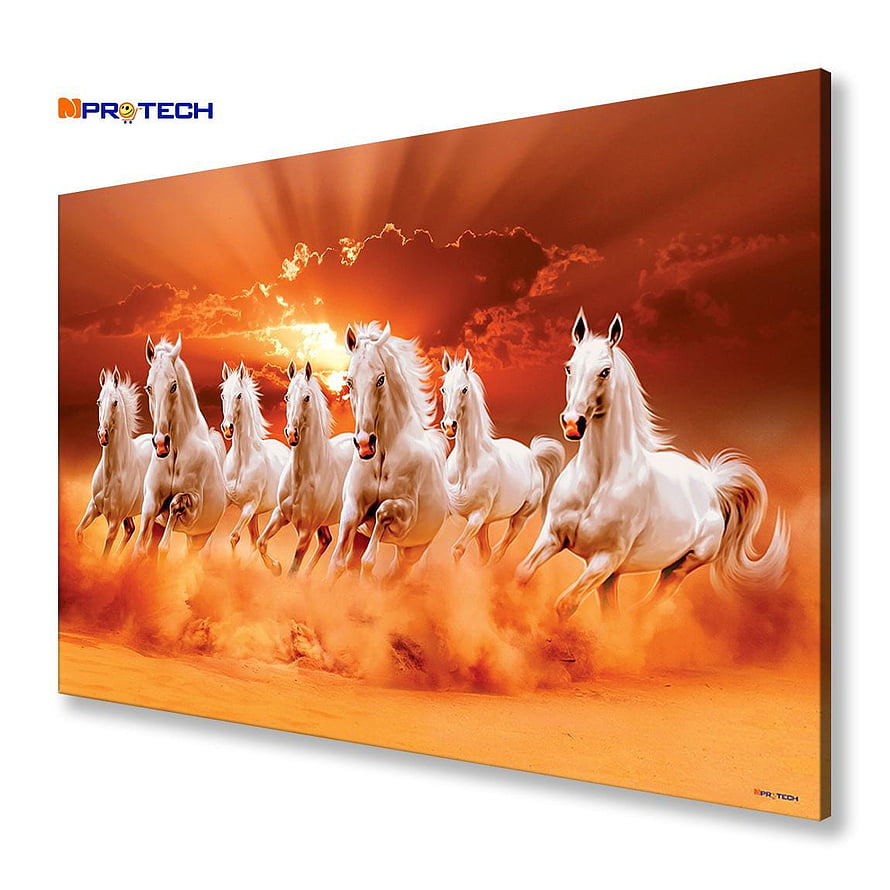 Seven White Horses Galloping Through Dust Under a Fiery Orange Sky HD phone wallpaper