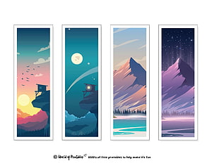 Set of four minimalist mountain landscape bookmarks featuring sunrise, moonlit night, and aurora scenes HD wallpaper