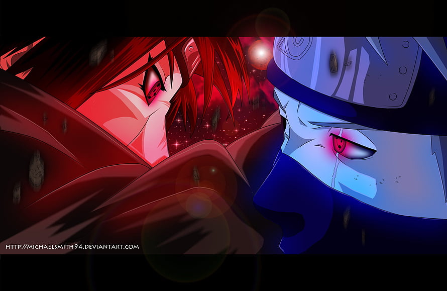Naruto Anime Artwork: Kakashi and Itachi Face-Off with Sharingan Eyes HD wallpaper