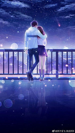 Romantic Anime Couple Embracing on a Rooftop Under a Starry Night Sky HD phone wallpaper
