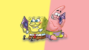 SpongeBob and Patrick Holding Conch Shells on Split Yellow and Pink Background HD wallpaper