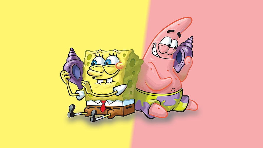 SpongeBob and Patrick Holding Conch Shells on Split Yellow and Pink Background HD wallpaper
