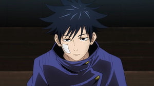 Megumi Fushiguro from Jujutsu Kaisen in a serious close-up portrait with dark spiky hair and a purple uniform HD wallpaper