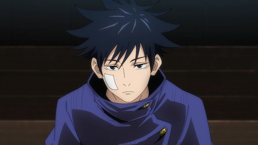 Megumi Fushiguro from Jujutsu Kaisen in a serious close-up portrait with dark spiky hair and a purple uniform HD wallpaper