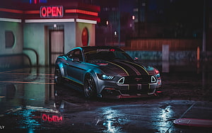 Ford Mustang GT with Neon Racing Stripes Parked on Wet Night Street HD wallpaper