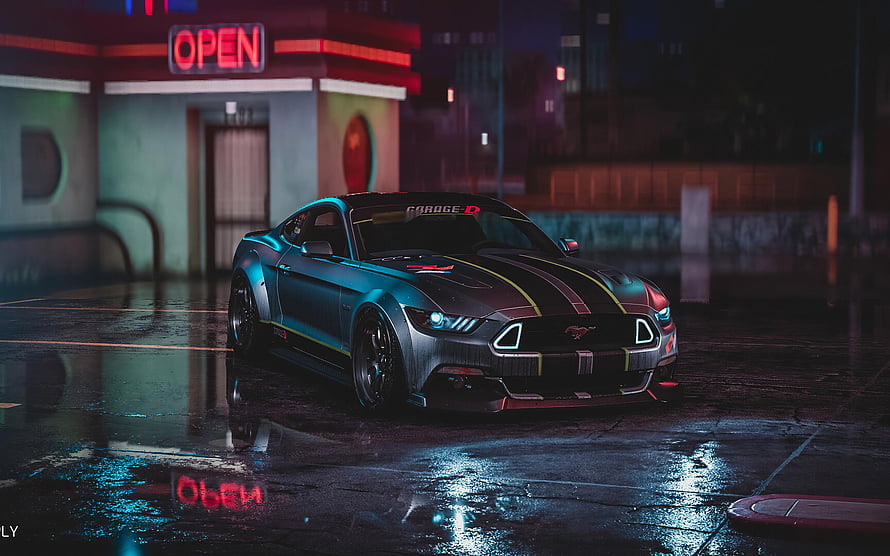 Ford Mustang GT with Neon Racing Stripes Parked on Wet Night Street HD wallpaper