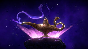 Aladdin's Magic Lamp Emitting Purple Smoke Against a Starry Night Sky HD wallpaper
