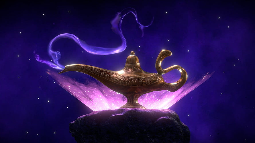 Aladdin's Magic Lamp Emitting Purple Smoke Against a Starry Night Sky HD wallpaper
