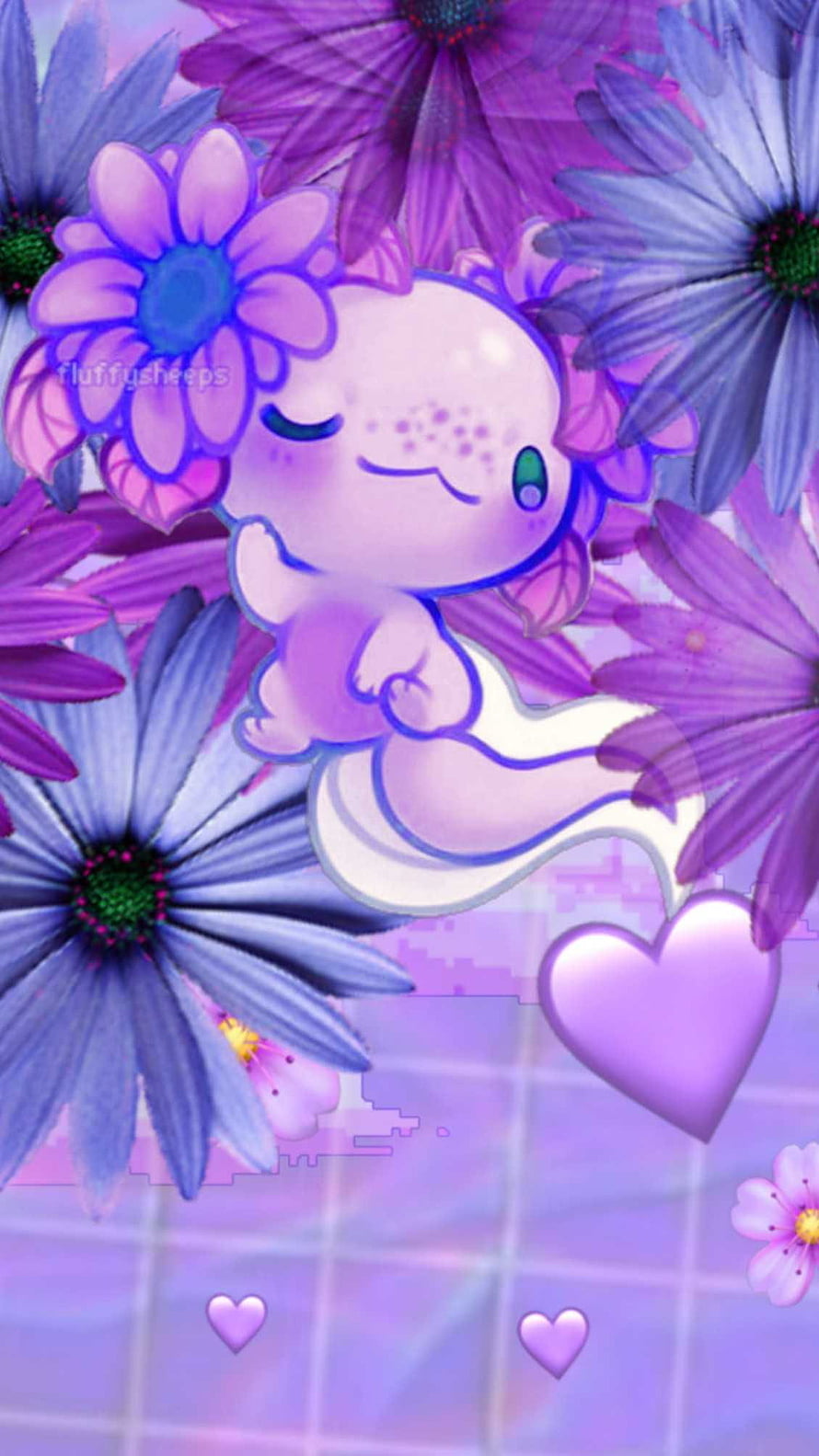 Cute Kawaii Axolotl Character Surrounded by Purple Flowers and Hearts HD phone wallpaper