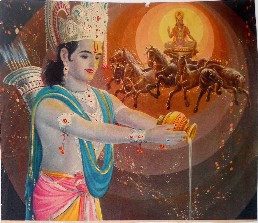 Surya Dev Pouring Sacred Water in Traditional Indian Mythological Painting HD wallpaper