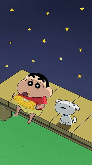 Crayon Shin-chan and Shiro Eating Corn on a Bench Under a Starry Night Sky HD phone wallpaper