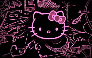 Grunge Hello Kitty Pink Chalk Sketch on Black Background HD wallpaper