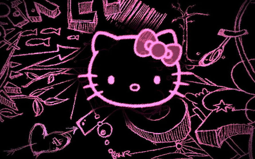 Grunge Hello Kitty Pink Chalk Sketch on Black Background HD wallpaper