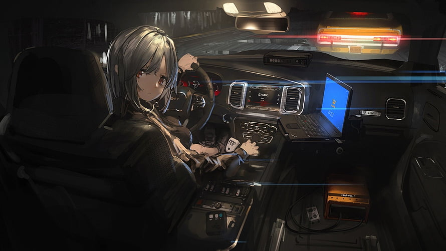 Silver-Haired Anime Girl Driving at Night with Laptop and Tech Gear HD wallpaper